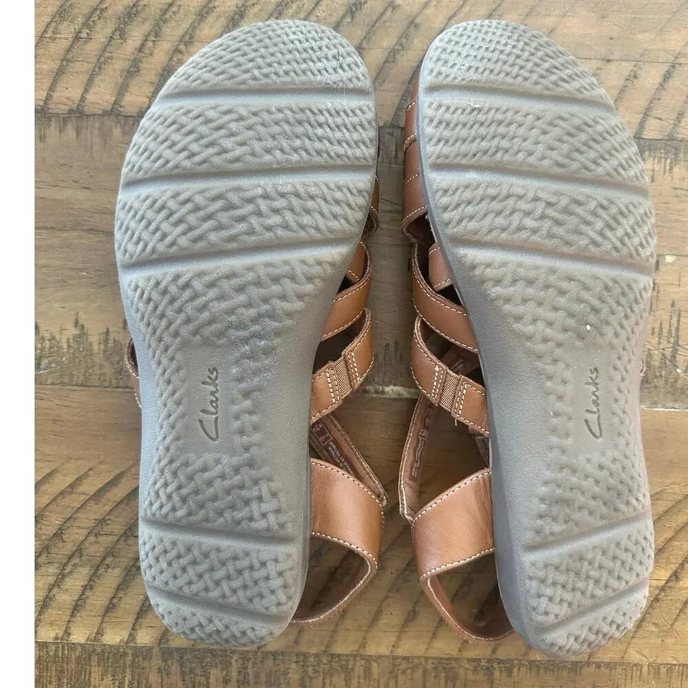 Clarks Elizabelle Fisherman Sea Woven Strappy Slingback Sandals Tan Leather 8.5
